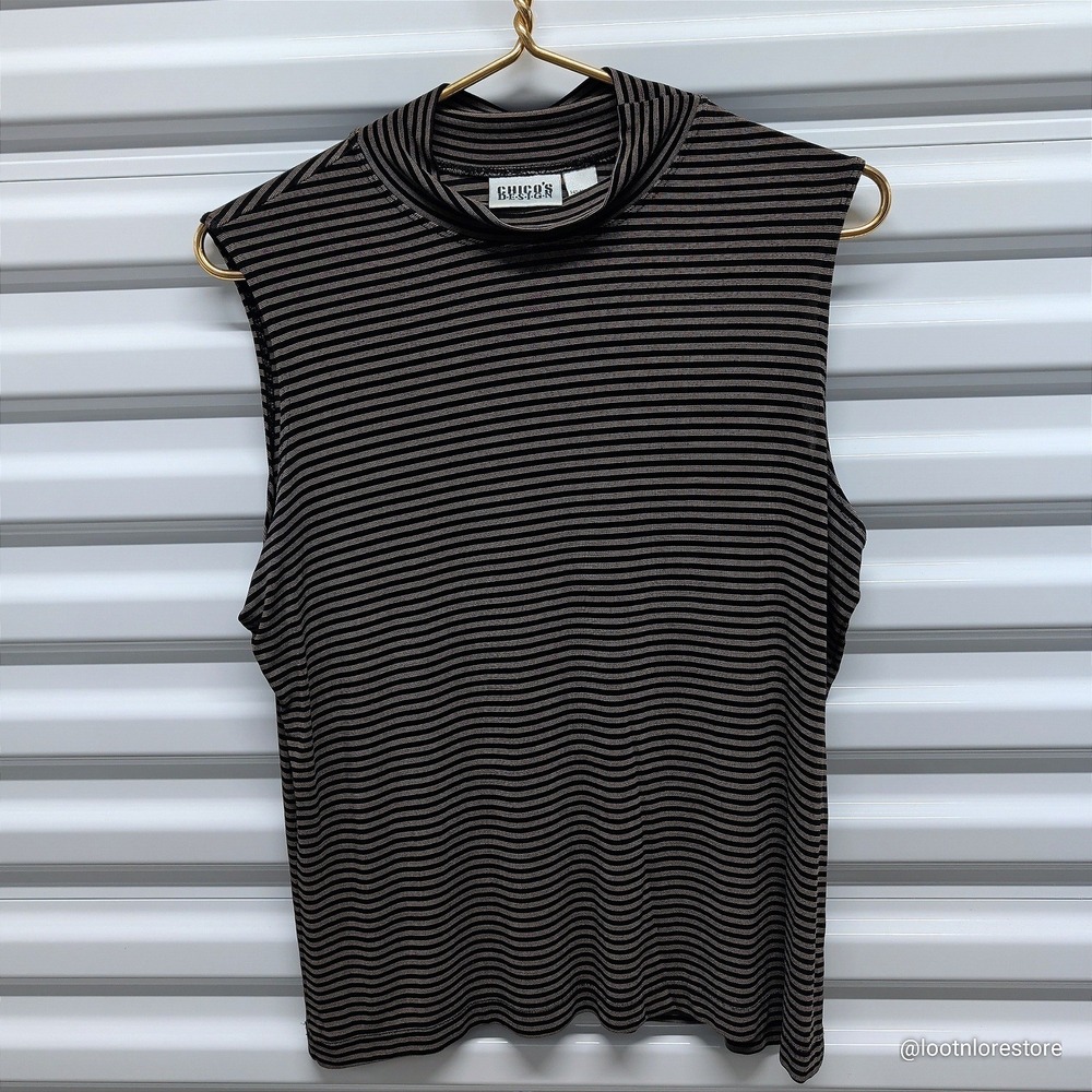 Chico's Design Size 3 Women's Black Tan Striped Mock Neck Sleeveless Top Shell